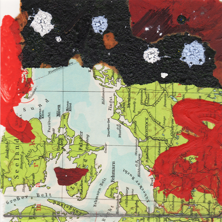 Collage, Malerei, rot, grün, viele Augen, Landkarte