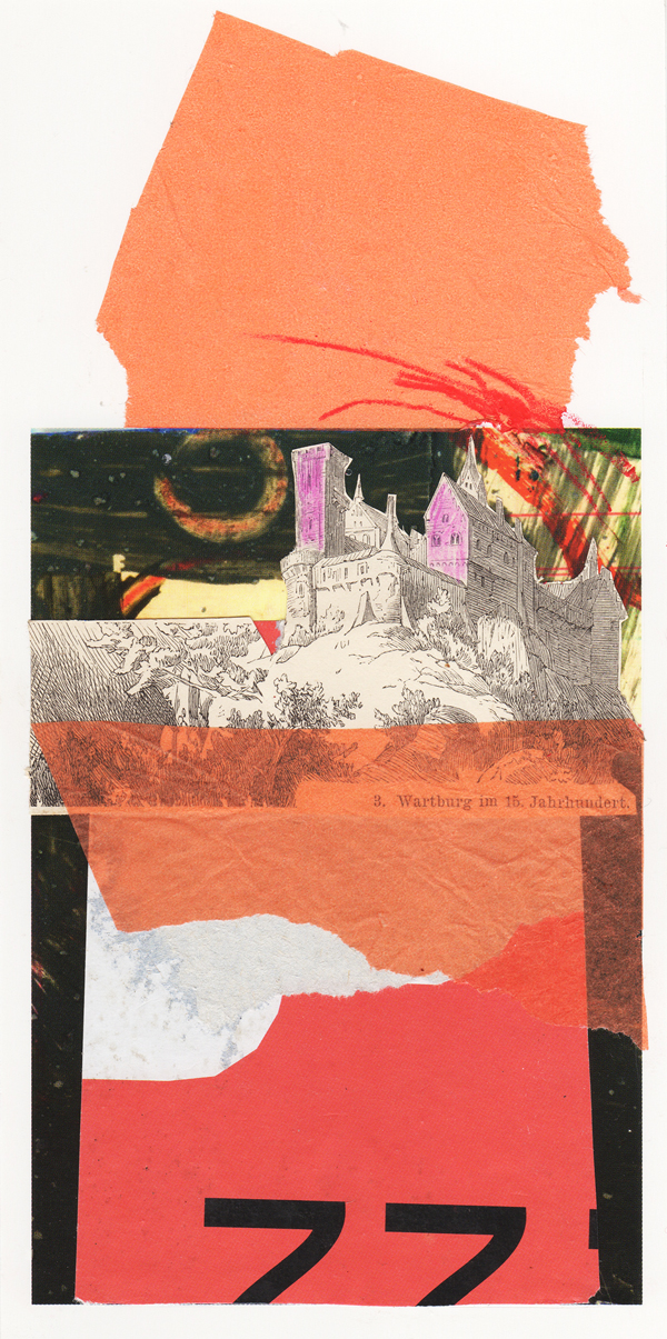 Collage, Postkarte, Schloss auf einem Berg, rot, weiß