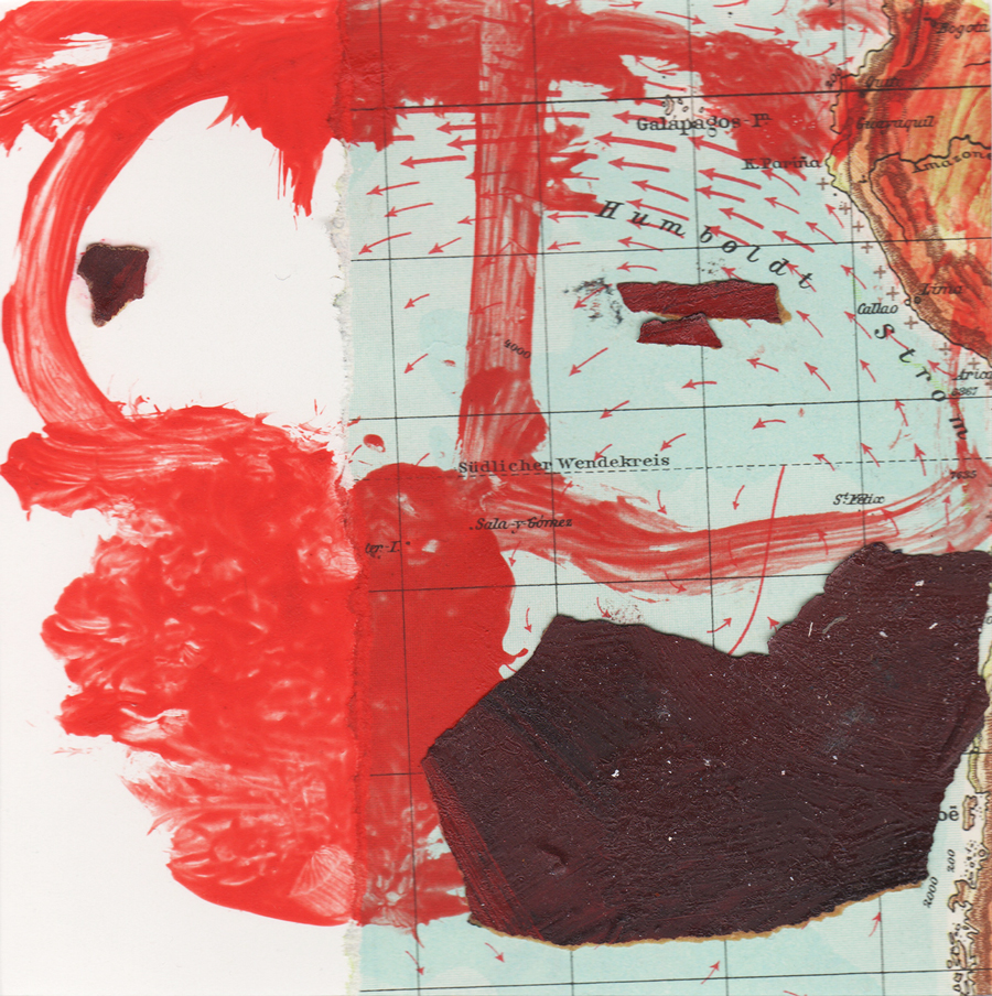 Collage, Malerei, blau, rot, 2 Augen, Landkarte